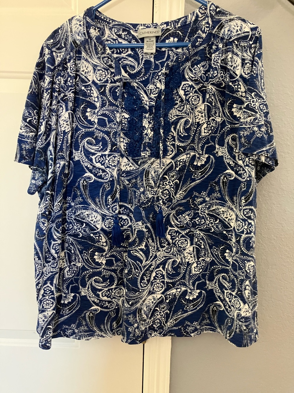 Catherines Navy and White Paisley Lace-Trim Short Sleeve Tunic